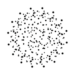 Round frame of halftone dots isolated on white. Halftone dots pattern in the circle. Screen printing chaotic pattern. Abstract vortex. Circular pop art pattern. Abstract whirligig. Distress texture.