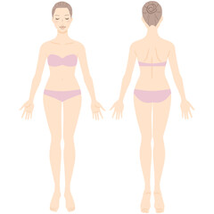 Full length front, back view of a standing woman with underwear.