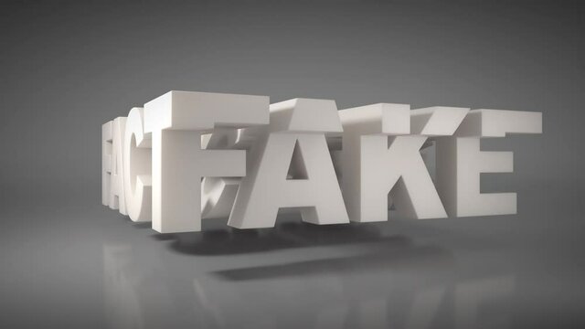 FACT and FAKE. Rotating 3D wrap-around words changing from FACT to FAKE and back, carved from one block of milky white plastic. 3 versions. 3D animation with masks/mattes.