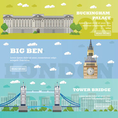 London tourist landmark banners. Vector illustration with London famous buildings. Tower bridge, Big Ben and Buckingham Palace - obrazy, fototapety, plakaty