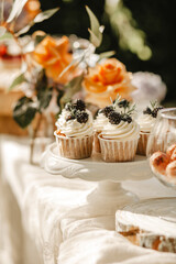 Delicious wedding reception candy bar dessert table on the garden