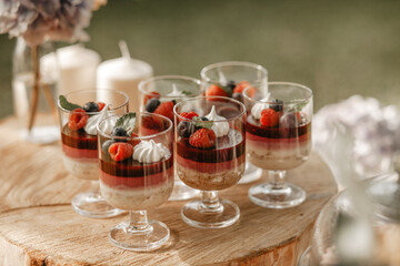 Delicious wedding reception candy bar dessert table on the garden
