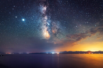 Beautiful night landscape. Beautiful Sevan lake in the night and bright milky way galaxy. Night photography. National park
