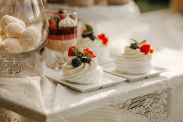Delicious wedding reception candy bar dessert table on the garden
