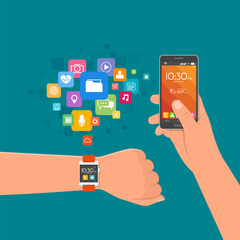 Hand with watch and smartphone. Vector illustration in flat style. Design elements, app icons