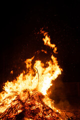 Top of a bonfire burning in the night