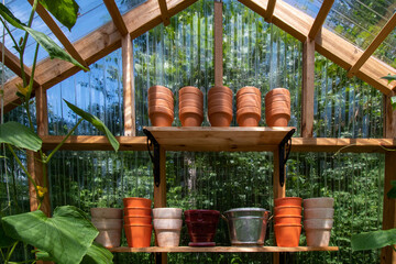 Fototapeta premium Interior of a wooden domestic greenhouse for growing vegetables