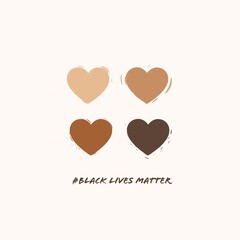 Black lives matter with skin color hearts. Hand writing vector eps10 illustration