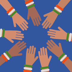Indian independence day. Hindus hold their hands in a circle. Flag of India on the bracelets.