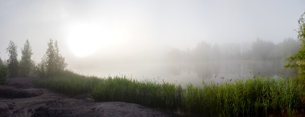 Fog over the lake in the early summer morning.