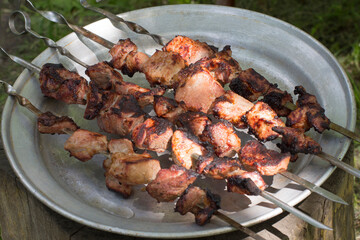 Grilled kebab on a large tray. 