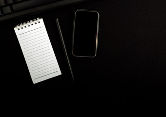 Office leather desk table with computer, supplies and coffee cup. Top view with copy space, Office desk wood table of Business workplace, notebook laptop and coffee cup