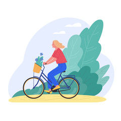 Alone at the fresh air. Vector illustration of young cartoon blond woman riding bicycle in the park. Isolated on white