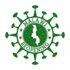 Malawi Reopening Stamp. Green round badge of country with map of Malawi. Country opening after lockdown. Vector illustration.