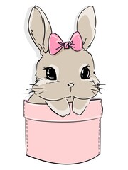 Cute rabbit and bow in a pocket. Print for children's textiles, poster design, nursery. Vector illustration stock.