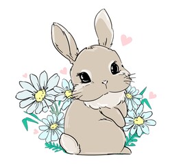 Cute Bunny sits in flowers, daisies. Print for children's textiles, poster design, nursery. Fluffy rabbit tail. Vector illustration stock.