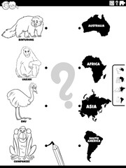 match animals and continents color book page