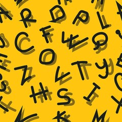 SEAMLESS PATTERN LETTERS yellow. The image can be used as a design element, as a pattern, as a label for packaging, in the textile industry, in the interior, as cover.