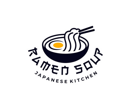 Japanese kitchen, ramen soup, noodles with egg, logo design. Food, restaurant, catering and canteen, vector design and illustration