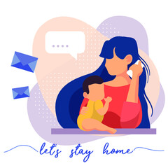 Stay with child at home concept. Girl talking on the phone at home with child. Vector illustration