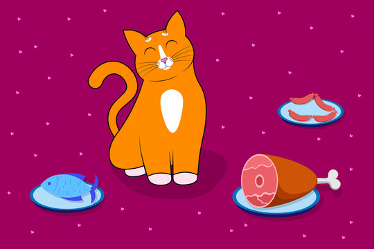 Food for cats and pets. A cute cartoon red cat, kitty is sitting straight with its eyes closed, next to different foods. Vector