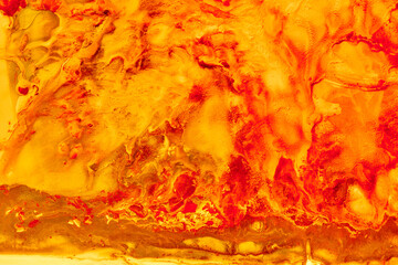 Abstract liquid red orange colors paint background. Fluid art, lush lava bloody sea wave