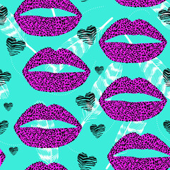 Pattern design of a leopard print lips and hearts on animal print background