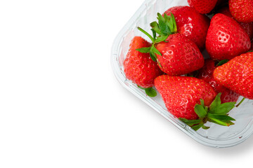 Red ripe strawberries with green stems and water drops in plastic tray container isolated on white background with copy space for text