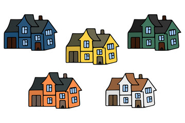 Houses with windows, doors and a garage. Set of vector illustrations. Modern mansion. Cottage. Stay safe. Cozy place of residence. Isolated white background. Cartoon style. Web design, sticker. 