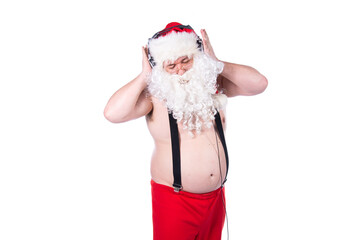 Funny Santa Claus is dancing. Music and joy.