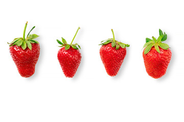 Four different red ripe delicious organic strawberries laying on plain white isolated background. Top view from above.