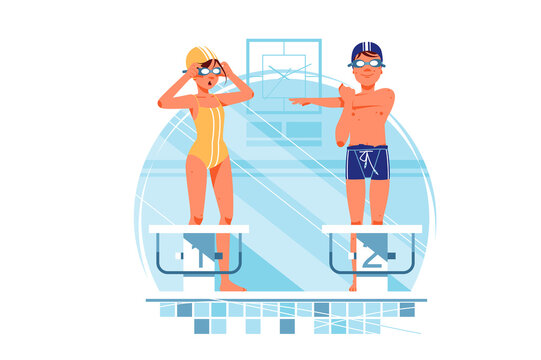 Happy woman and man coaches and swimmers have warm up.