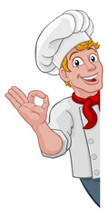 A chef cook or baker man cartoon character giving a perfect or okay chefs hand sign. Peeking around a background sign.