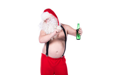 Funny Santa Claus is drinking beer.