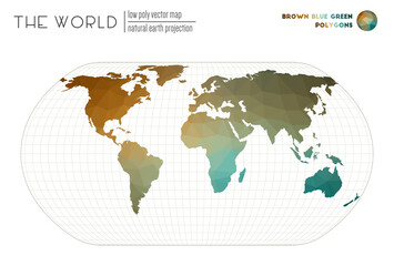 World map in polygonal style. Natural Earth projection of the world. Brown Blue Green colored polygons. Energetic vector illustration.