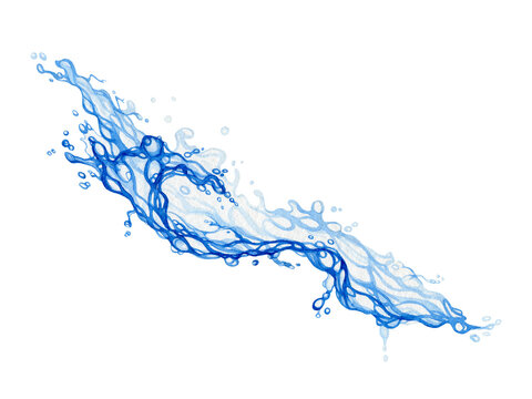 Blue water splash watercolor illustration. Hand drawn close up clear pure water flow. Flowing liquid image. Water splashes isolated on white background