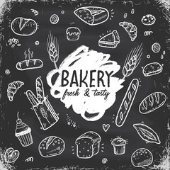 Hand drawn doodle bakery vector set on a vintage chalkboard background. Fresh Bread, food, pastry sketch illustration, icons.