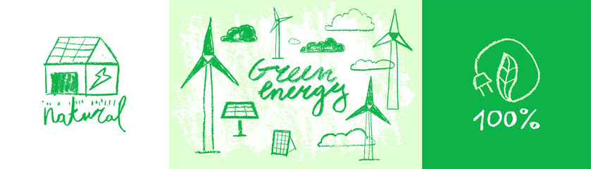 Ecology icons and eco friendly technology concept. Green energy emblem in hand drawn naive style. Vector childish illustration of wind turbines and solar power farms. Renewable energy. Global warming.