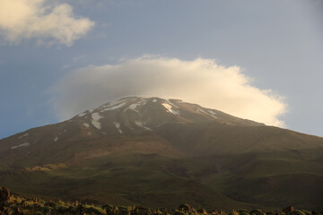 Damavand, the highest volcano mountain in Asia, in summer time. Famous destination for trekking and mountain climbing