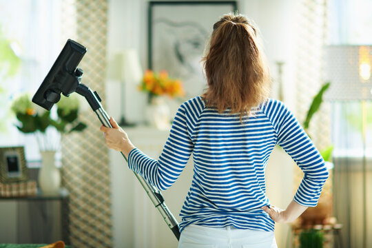 female with vacuum cleaner in living room in sunny day