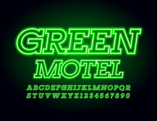 Vector neon glowing banner Green Motel with electric light Font. Illuminated Alphabet Letters and Numbers