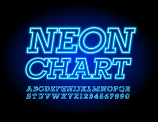 Vector business sign Neon Cart. Blue electric Font. Glowing modern Alphabet Letters and Numbers