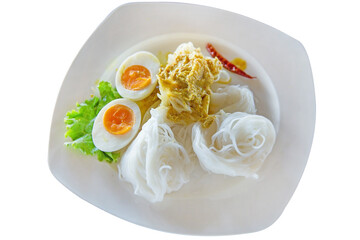 Rice Noodles with Crab Curry, on white plate, focus selective.