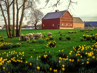 Jefferson, Oregon - 4/17/2009: a flock of sheep and a red barn and spring daffodills in a pasture near Jefferson. © Bob