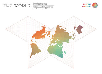 World map with vibrant triangles. Collignon butterfly projection of the world. Spectral colored polygons. Energetic vector illustration.