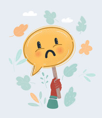 Vector illustration of Sad face on speech bubble shape banner, holding on human hand on white background.