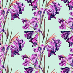 Watercolor drawing of wild meadow flowers, buds, inflorescences and leaves. Summer design. Design wallpaper, textiles, packaging, packaging paper, fabric. Seamless pattern.