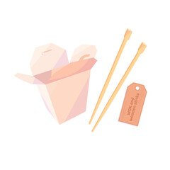 Opened blank fast food box mockup stand isolated. WOK packaging. Empty clear noodle carton box and wooden sticks. Vector cartoon flat illustration isolated on white.