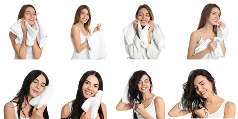 Obraz premium Collage of women with towels on white background. Banner design