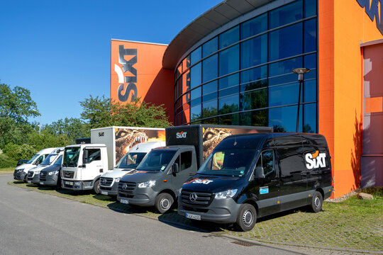 ROSTOCK, GERMANY - JUNE 14, 2020: Sixt rental office. Sixt SE is a European multinational car rental company with about 4,000 locations in over 100 countries.
